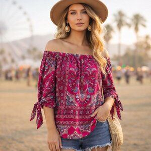Boho Paisley Off Shoulder Top Pink Border Print Tie Sleeve Festival XL Verse USA